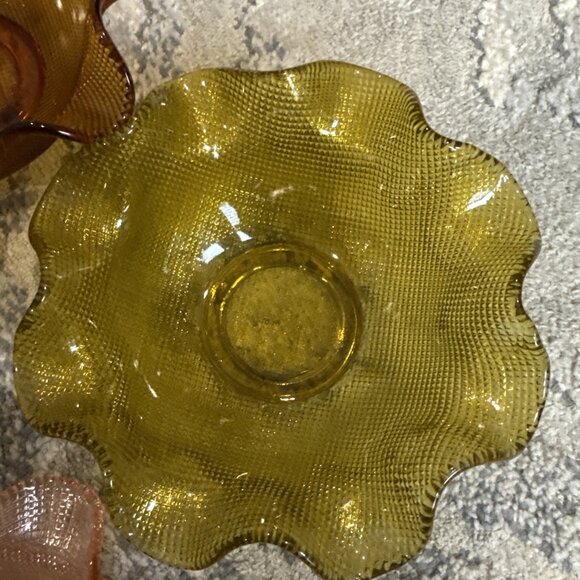 Vintage Italian Colony Amber Waffle Glass Ruffled Fruit Dessert Bowls Lot 1960s - Picture 7 of 13